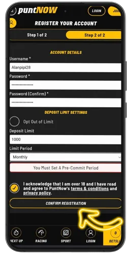Tapping Confirm Registration to activate the new PuntNow account
