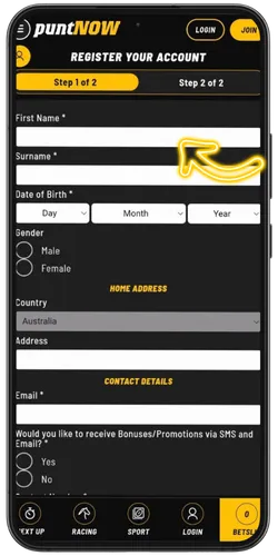 Filling first name and date of birth at PuntNow registration